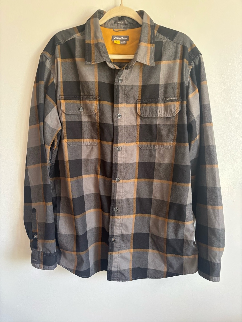 Eddie Bauer Gray Plaid Button-Down Shirt with Yellow Accents size XL